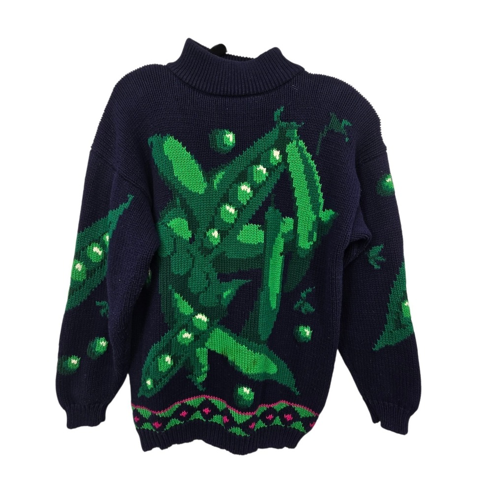 Vintage 90s Eagles Eye Knit Chunky Sweater Women's MED Navy Peapods Vegetable‎